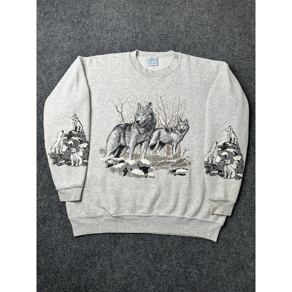 Mens Sweatshirt Pacific Sports Wolves Graphic Made in USA Gray, Size L/XL - Picture 2 of 10
